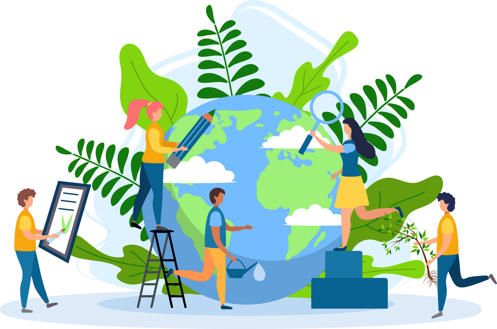 Ecology Concept. Globe with Trees, Plants and Volunteer People. People Take Care about Planet Ecology. Protect Nature and Ecology Banner. Earth Day.